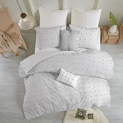 URBAN HABITAT Brooklyn Duvet Set 100% Cotton Jacquard, Tufts Accent, Embroidered Toss Pillows, Shabby Chic All Season Comfoter Cover, Matching Shams, Bedskirt, Full/Queen, Grey 7 Piece