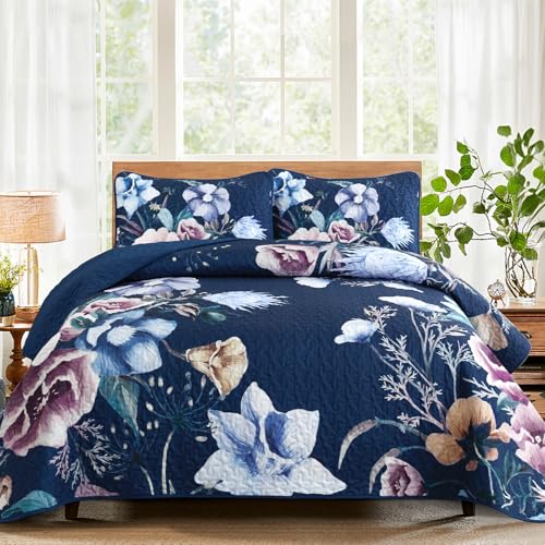 "Drucon Blue Floral Quilt Set King Size 3 Pieces Blue Botanical Flower Quilt Coverlet Set Soft Microfiber Lightweight Quilted Bedspread for All Season 104""x90"""