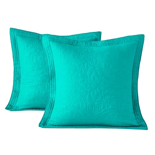 WINLIFE 100% Cotton Quilted Euro Sham Covers, 2 Pack Cotton 26'' x 26'' Pillow Covers, Soft and Breathable Euro Shams, Square Pillow Shams, Teal