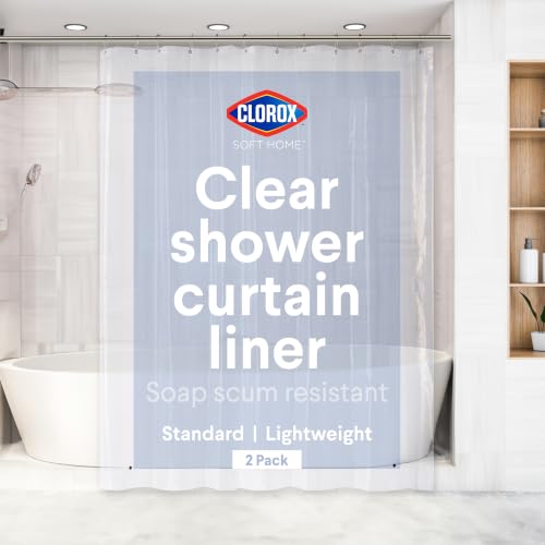 "Clorox Shower Curtain Liner, Premium Lightweight Durable Waterproof 4g PEVA for Bathroom with Weighted Magnets, Standard Size 72"" x 70"", Clear 2 Pack"