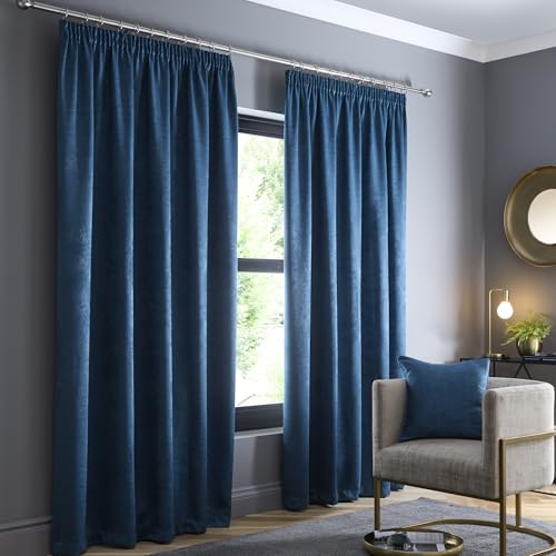 Fusion Teal Pencil Pleat Curtains W46 x L54 (117 x 137cm) – 100% Cotton Thermal & Soundproof Drapes – Blue Window Treatment for Bedroom & Living Room – 2 Panels