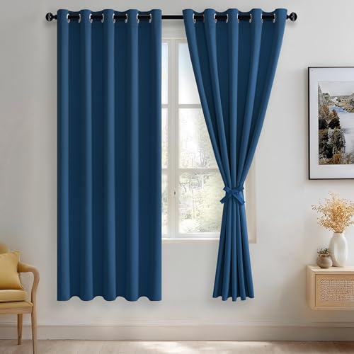 JIUZHEN Classic Blue Blackout Curtains with Tiebacks Thermal Insulated, Light Blocking and Noise Reducing Grommet Curtains for and Living Room, Set of 2 Window Curtain Panels, 60 x 72 Inch Length