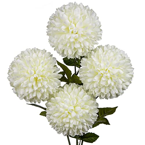 Briful Autumn Artificial Chrysanthemums Ball Flowers 6’’ Large Heads Mums Stems Cream White Fake Hydrangea Flowers Bridal Wedding Bouquet for Home Garden Party Wedding Decoration, Set of 4