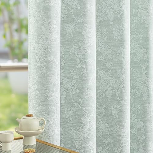 FMFUNCTEX Sage Green Floral Jacquard Blackout Curtains 84 Inch 2 Panels - Black Out Drapes, Chenille Scroll Flower , Farmhouse,Thermal Insulated, Room Darkening, for Bedroom Living Room , Grommet