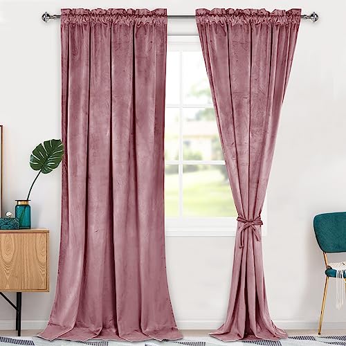 Hiasan Velvet Curtains 108 inches-Blackout Thermal Insulated Solid Soft Privacy Curtains for Bedroom Living Room Rod Pocket Room Darkening 2 Panels Window Drapes with Tiebacks, 52W x 108L, Wild Rose
