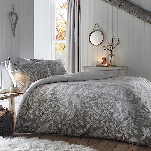 Dreams & Drapes Owl Teddy Fleece Duvet Cover – Super King (260x220cm) – Soft Cosy Woodland Bedding – Light Grey Forest Animal Print