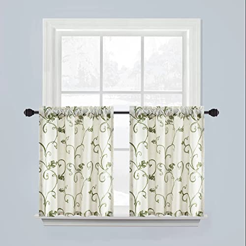 VOGOL 30 Inch Length Linen Kitchen Curtains, Green Vines Embroidered Botanical Tier Curtain Set, Light Filtering Tier Curtains for Bathroom Basement Cafe, Rod Pocket, 2 Panels