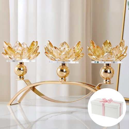 DOUNX Crystal Candle Holders 3 Arms Lotus Candelabras Gold Arch Candlestick Table Centerpieces for Wedding,Dinning Room,Cabinet Ornaments,Home Decoration