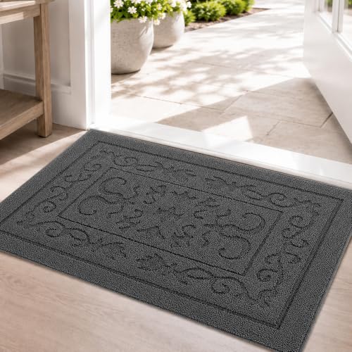 "FONEYI Indoor Doormat Front Door Mat Non Slip Rubber Back Door Mats Magic Inside Dirt Trapper Entry Rugs Entrance Door Rug Machine Washable Door Carpet Mat for Entryway - Grey, 24""x 36"""