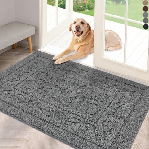 "FONEYI Indoor Doormat Front Door Mat Non Slip Rubber Back Door Mats Magic Inside Dirt Trapper Entry Rugs Entrance Door Rug Machine Washable Door Carpet Mat for Entryway - Grey, 24""x 36"""