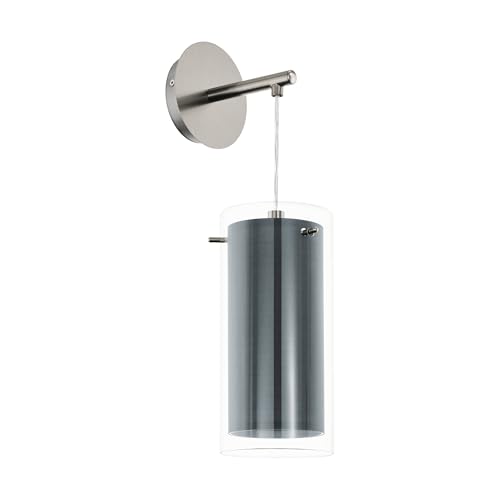 Eglo Wall Light Pinto Textil, Indoor lamp Made of Satin Nickel Metal, Clear Glass and Grey Fabric, Living Room and Hallway Lighting Fixture, E27 Socket