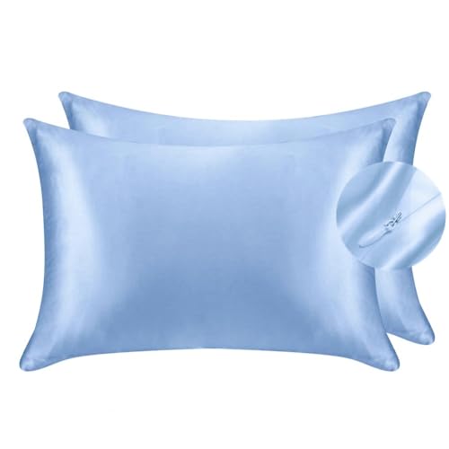 Juwenin bedding,Luxury Satin Pillowcase with Zipper (Silky Satin Pillow Case for Hair) set of 2 (Blue, Queen(20''x29''))