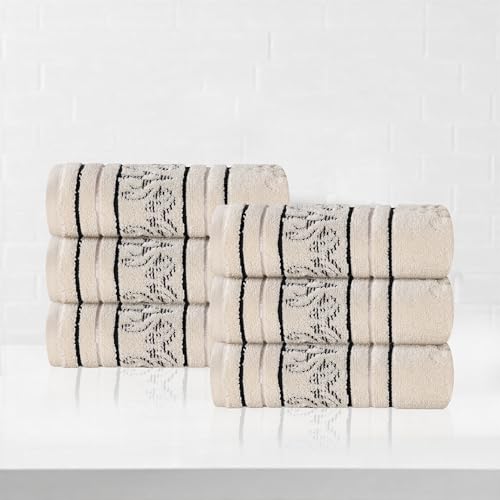 Superior Cotton Hand Towel Set, Small Towels, Plush Soft Absorbent Bathroom Basics, Home Essentials, Spa, Salon, Hotel, Kitchen, Luxury Quick Drying, Zero-Twist, Jacquard Floral, Set of 6, Ivory