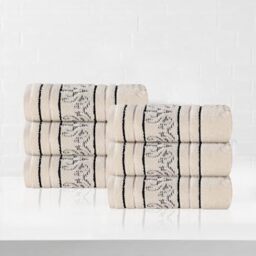 Superior Cotton Hand Towel Set, Small Towels, Plush Soft Absorbent Bathroom Basics, Home Essentials, Spa, Salon, Hotel, Kitchen, Luxury Quick Drying, Zero-Twist, Jacquard Floral, Set of 6, Ivory
