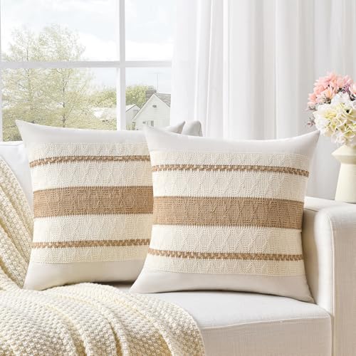 Fancy Homi Set of 2 Boho Neutral Decorative Throw Pillow Cover 16x16 Inch for Couch Bed Sofa, Aesthetic Modern Organic Farmhouse Home Decor, Soft Cotton Cute Accent Macrame Woven Tan Cushion Case