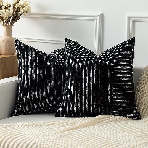 Kevin Textile Black and Beige Patchwork Farmhouse Throw Pillow Covers 24 x 24 Inch, Pack of 2 Striped Linen Decorative Pillow Case for Sofa Couch Chair Bedroom Modern Decor