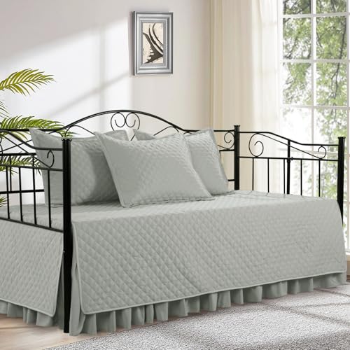 "HOMBYS Daybed Sets- Diamond Stitching Daybed Bedding Set, All Season Cozy Bedding with Bedskirt with Shams Twin Size, 75""x39"" 5 Piece,100% Microfiber (Light Grey, 75""x39"")"