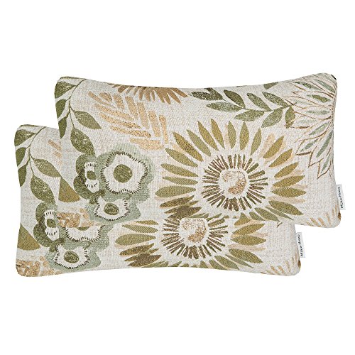 Mika Home Pack of 2 Decorative Oblong Rectangular Throw Pillow Cover Cushion Cases for Chair,Sunflower Pattern,12x20 Inches, Green Cream