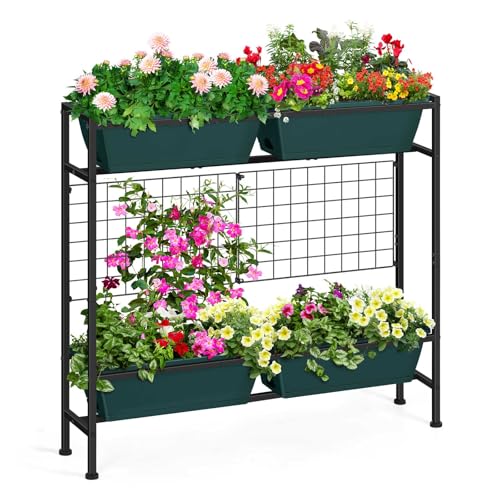 "OYEAL Raised Planter Box Outdoor 32"" Tall Elevated Garden Flower Bed with Legs & Trellis, Vertical Herb Garden Planter for Vegetables, Herbs, Patio, Balcony, Backyard, Green"