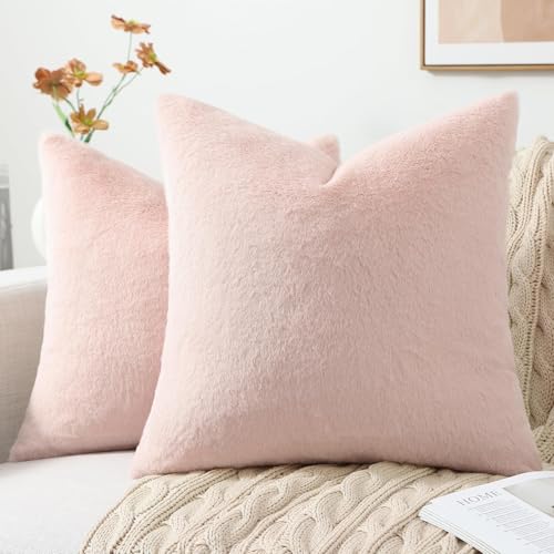 Pallene Faux Fur Decorative Throw Pillow Covers 20x20 Set of 2, Blush Pink - Soft Plush Texture, Fuzzy Fluffy Feel, Cozy Modern Home Accent Pillow Covers for Couch, Sofa, Bed, Living Room