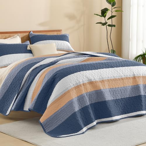 "Litanika California King Quilt, 3 Pcs Blue and Orange Stripe Bedding Set - Summer Bedspread with 2 Shams,Lightweight Coverlet for All Season (112""x104"")"
