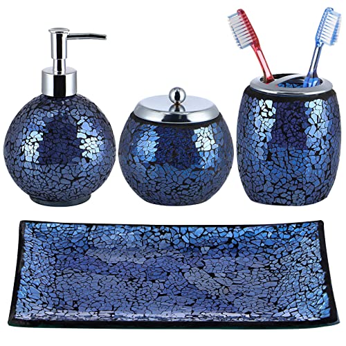 Sanbege 4 Pcs Mosaic Glass Bathroom Accessories Set, Modern Luxury Bath Ensemble, Includes Soap Dispenser, Cotton Swab Jar, Toothbrush Holder, Vanity Tray (Shiny Blue)