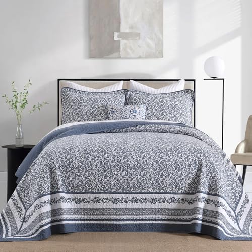 "FineStichery Cotton King Bedspreads 120""x120"" - Oversized Quilt Set with Pillow Shams, Farmhouse Botanical Pattern Lightweight Coverlet, Quilted Reversible Bedding Set, Blue/White"
