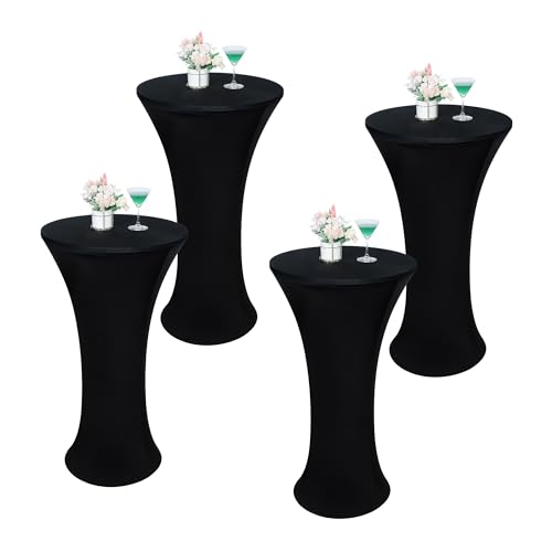 Wolkemer 4PCS 30x43 Inch Fitted Cocktail Tablecloth, Cocktail Table Cover - Black Round Cocktail Table Cloth, Highboy Stretch Spandex Table Cover for Bar Party Pub Wedding Banquet Indoor Outdoor