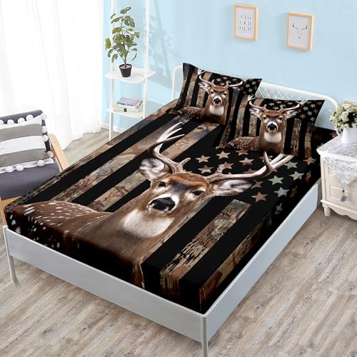 HOSIMA Deer Hunting Camo Bedding Full Size,1 Fitted Sheet+2 Pillowcases. - Hunter Bedding Set American Flag Fitted Sheet Set for Adult Teen Boy Bedroom Decor