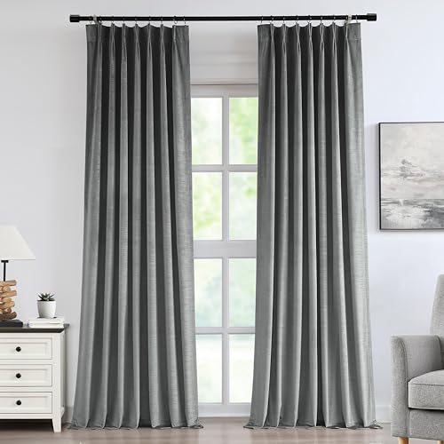 "Vision Home Pewter Gray Velvet Pinch Pleated Blackout Curtains 95% Room Darkening Window Panels 120 inch for Living Room Bedroom Thermal Insulated Velvet Pleat Drapes with Hooks 10FT 40""Wx120""Lx2,Grey"