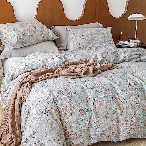 SUSYBAO Boho Flower Duvet Cover Set Queen 3 Pcs 100% Cotton Retro Pink Paisley Duvet Cover 2 Pillowcases Yellow Bedding Set Soft Comfy