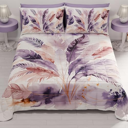 PETTI Artigiani Italiani - Summer Single Bedspread 170 x 260 cm 100 g/m² Double Face, Spring Single Bed Quilt, Lightweight Quilt, Purple Palm, 100% Made in Italy