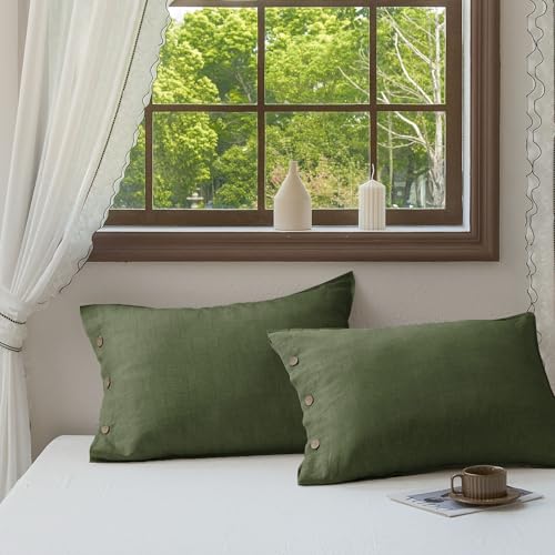 100% Linen Pillowcases Set of 2, French Linen from Normandy, 20X30Inch Standard Size, Natural Color, Coconut Buttons Closure, Flax Pillowshams-Pillowcase-Mossy green