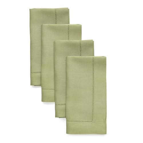 Solino Home 100% Pure Linen Dinner Napkins Moss Green, 20 x 20 in, Set of 4 - for kitchen, dining, table setting, Classic Hemstitch, gifting, OEKO-TEX Certified - Fall, Halloween, Thanksgiving, Christmas