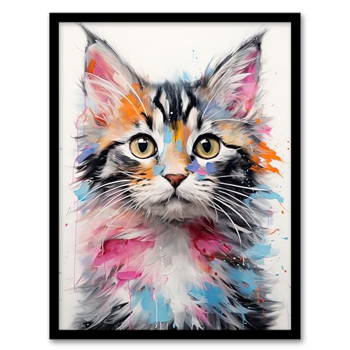Artery8 Cute Kitten Bright Oil Painting Orange Pink Blue Baby Cat Artwork Kids Bedroom Artwork Framed Wall Art Print A4