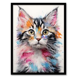 Artery8 Cute Kitten Bright Oil Painting Orange Pink Blue Baby Cat Artwork Kids Bedroom Artwork Framed Wall Art Print A4