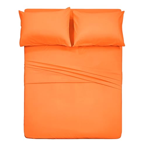 4 Piece Bed Sheet Set (Queen,Orange) 1 Flat Sheet,1 Fitted Sheet and 2 Pillow Cases,Brushed Microfiber Luxury Bedding with Deep Pockets