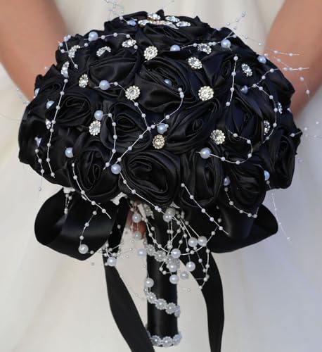 "Mhojpik Bridal Wedding Bouquet Round Bling Brooch Bouquet Throw Toss Artificial Rose Flower Bunch for Bride Bridesmaid Wedding Quinceanera(Black, 7.5"")"