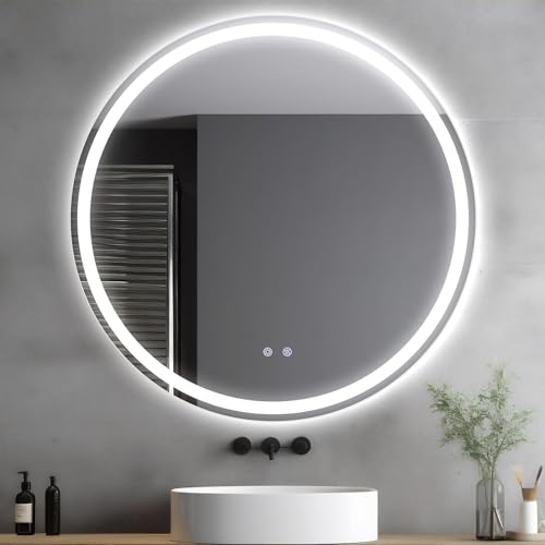 Clevich Round Bathroom Mirror with LED Lights 60x60/80x80cm, Anti-Fog, Circle Wall Mounted Bathroom Vanity Mirror with Memory, 3 Colour Dimmable, Explosion-Proof Glass, IP44 Waterproof