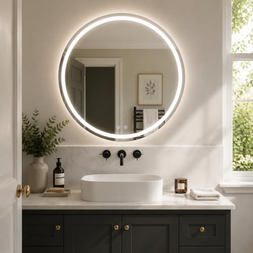 Clevich Round Bathroom Mirror with LED Lights 60x60/80x80cm, Anti-Fog, Circle Wall Mounted Bathroom Vanity Mirror with Memory, 3 Colour Dimmable, Explosion-Proof Glass, IP44 Waterproof