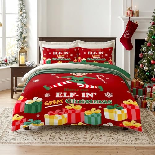 GC GAVENO CAVAILIA Elf Christmas Single Duvet Cover Set Festive Bedding - Breathable, Lightweight, Reversible Quilt Cover Set - Soft Touch, Christmas Duvet Cover Single With Pillow Case, 135x200cm