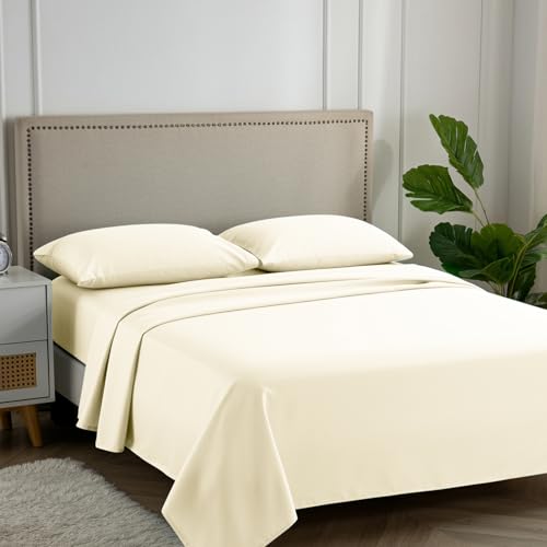 "Carressa Linen 100% Egyptian Cotton King Size Sheets Set - 600 Series Hydrangeas Collection Egyptian Cotton Sheets King Size (4 PC, Ivory), 16"" Deep Pocket Sateen Weave Luxury Bed Sheet"