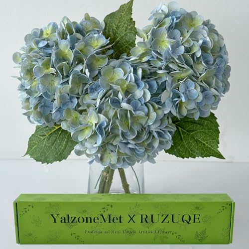YalzoneMet 3 PCS Light Blue-Green Hydrangea Artificial Flowers 21'' Real Touch Latex Hydrangea Faux Flowers for Wedding Tables Centerpieces for Party Home Kitchen Living Room Decor