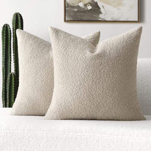 FUTEI Pack of 2 Beige Decorative Throw Pillow Covers 18x18 Inch Soft Cozy Solid Boucle Textured Cushion Case,Modern Home Decor for Couch Bed Living Room