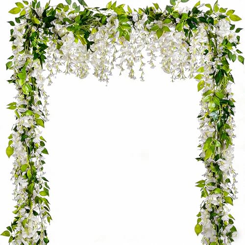 5 Pcs (Total 32.8Ft) Artificial Wisteria Garland Wisteria Vine Rattan Fake Wisteria Vine Flower Garland for Wedding Garden Outdoor Decor (White)