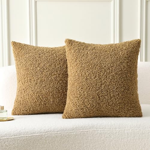 FUTEI Khaki Throw Pillow Covers 18x18 Inch Set of 2,Furry Faux Fur Teddy Boucle Textured Cushion Covers,Soft Fluffy Decorative Pillow Case,Home Decor for Couch Bed Living Room Office Car