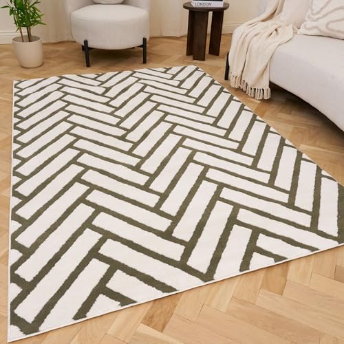 THE RUGS Living Room Rug, Loft Collection – Modern Textured 14mm Soft Pile Area Carpet, Non-Shedding & Easy Care [ Chevron Green, 160x230 cm]