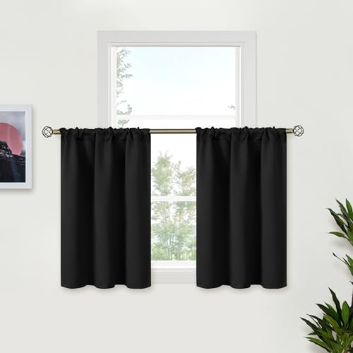 BGment Small Black Curtains Half Window for Kitchen 36 Inch Length - Rod Pocket Short Blackout Drapes for Bathroom Cafe RV Privacy, 2 Panels, 29 x 36 Inch