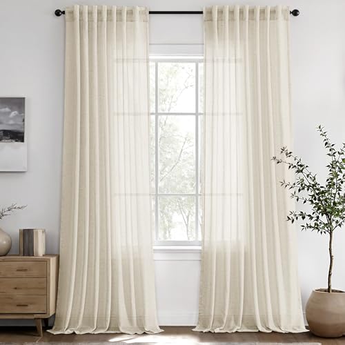Ivory White Beige Faux Linen Curtains 86 Inch Length 2 Panels Back Tab Rod Pocket Semi Sheer Light Filtering Drapes for Living Room Bedroom Modern Farmhouse Rustic Neutral Style Window Treatments