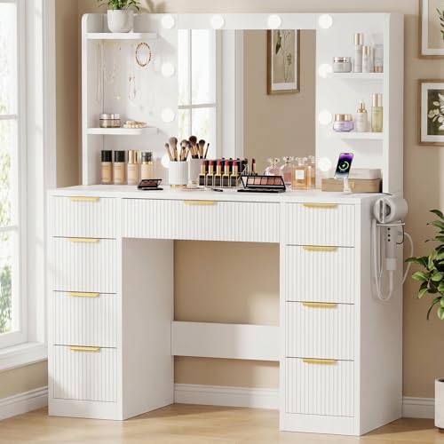 JUMMICO Fluted Dressing Table with LED Mirror,Adjustable Brightness